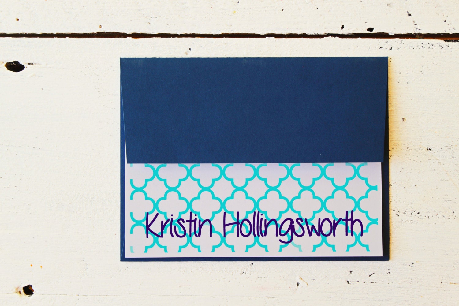 Personalized Stationary Turquoise and Navy Blue Custom Stationery Navy and Teal Quatrefoil Moroccan Trellis Custom Note Cards- Set of 10