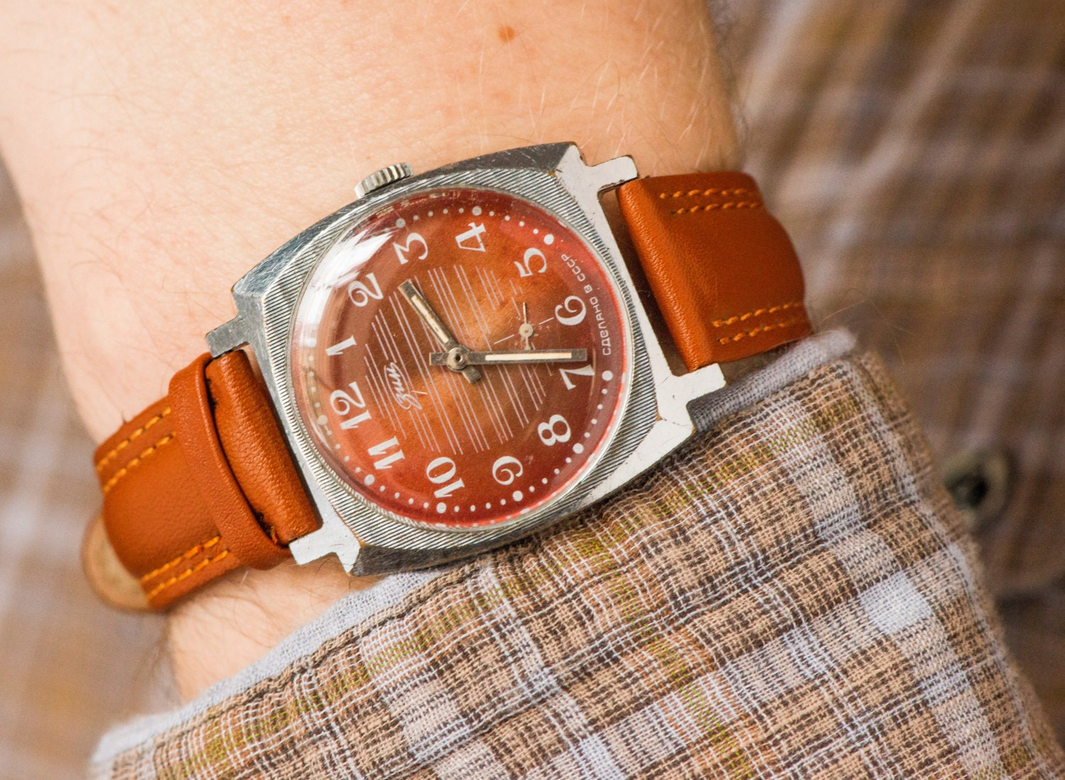 Men's watch ZIM, brick red striped face wristwatch, vintage Soviet watch - caramel leather watch