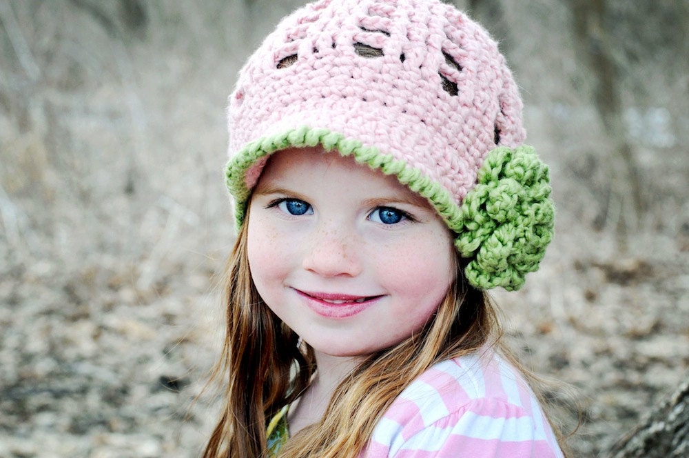 Children's Hat, Little Girls Crochet Hat with Flower, Summer Hat, Spring Hat, Newsboy Hat