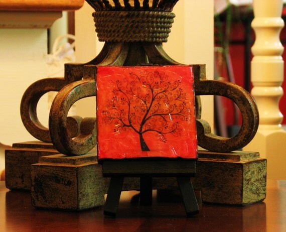 Mini Whimsical Swirly Black Tree with Sunset with Easel. Original Handpainted Mixed Media Thick Texture Impasto Palette Knife Painting.