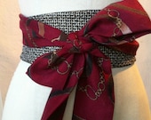 Obi sash belt Town and country black tweed maroon challis riding print waist cincher reversible