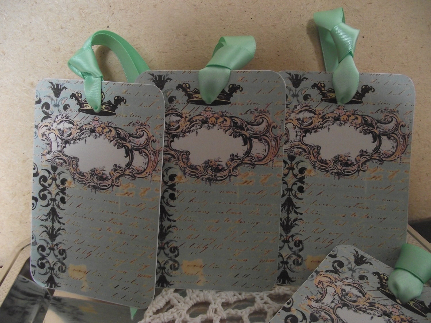 3" X  41/2"   Journaling  Tags  Pastel  Green   Ribbon French   Writing Background   Vintage Royal Crown