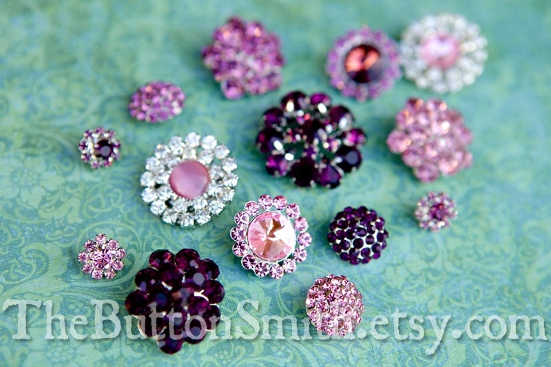 Rhinestone Buttons Mix - Pink and Purple Collection -10 Piece Set