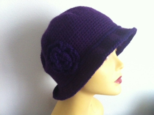 Purple cloche hat with flower, Crocheted Women Purple Hat, USA seller