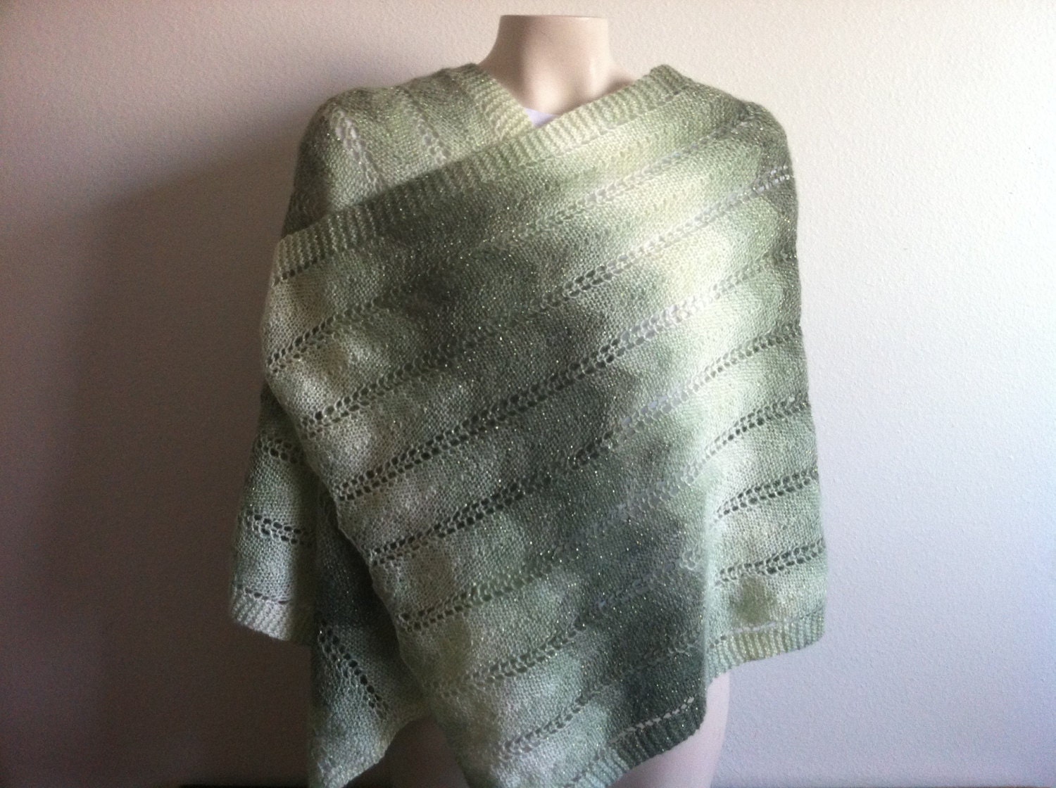 Women Shawls, Knitting Extra Long And Wide Women Scarf Shawl In Green And Cream, Usa Seller