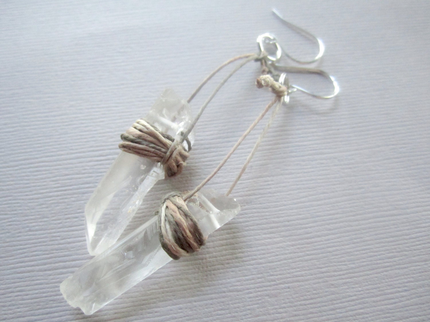 Crystal Quartz Point Earrings Wrapped in Hemp, Dangle, Natural, Bohemian Girl, Sterling Silver Ear Wires