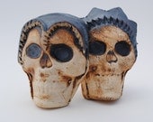 Day Of The Dead Clay Skulls-Set Of 2 Pottery Ceramic King & Queen Skeleton Wall Masks-Dio De Los Muertos-Gothic Art-Sculpture-OOAK-Handmade