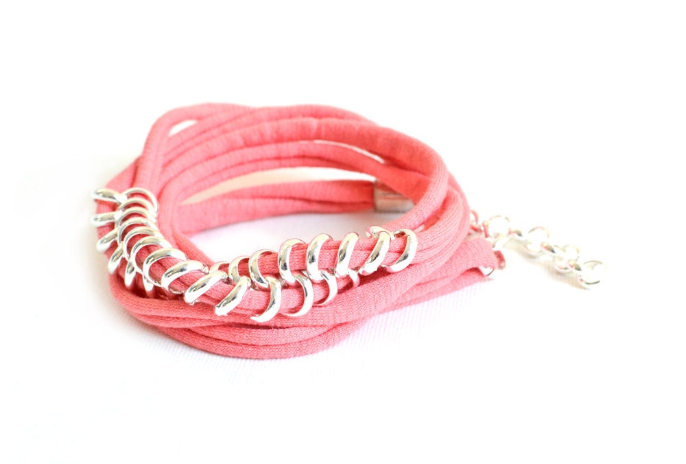 Coral Pink Wrap Bracelet With Silver Plated Chain, 2 in 1 Necklace, Fabric Jewelry
