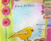 Original Mixed-Media Bright Colorful  10" x 10" Yellow Canary Love Birds Emily Dickinson