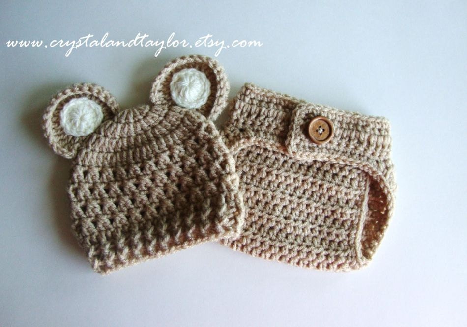 Crochet Diaper Cover and Hat In Light Brown and Ivory, Choose Your Color, Baby Hat, Newborn Diaper Cover