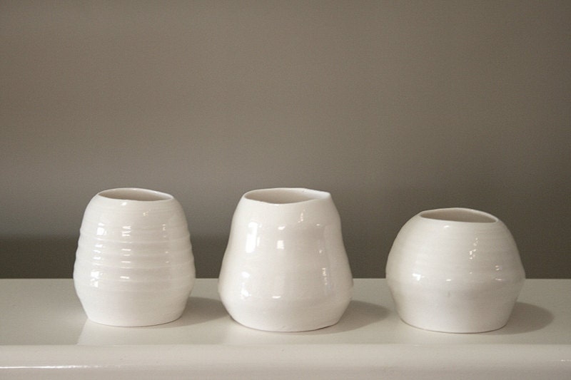Set of 3 porcelain tea light holders, minimal home decor, Barnacle series, transluscent