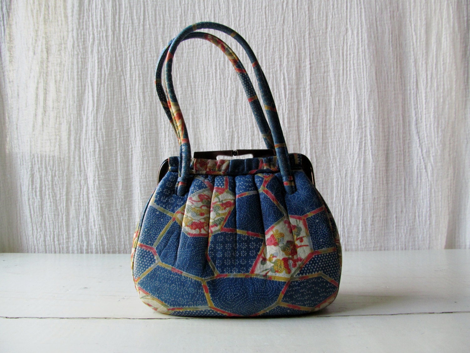 1950s Kimono Printed Leather Handbag Pocketbook