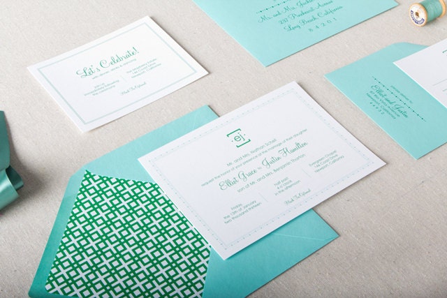 Penelope Wedding Invitation in Emerald and Teal - SAMPLE - Monogram Wedding Invitation - Classic, Simple Letterpress Invitation