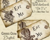 Eat Me Characters from Alice in Wonderland Grungy Hang Tags Digital Collage Sheet - 1.7 x 3 Inches Printable for Wedding or Party Favors
