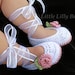Crocheted Ballet Baby Booties in White and Dusty Rose Pink, sizes NB, 0-3 months, 3-6 months, 6-9 months, 9-12 months