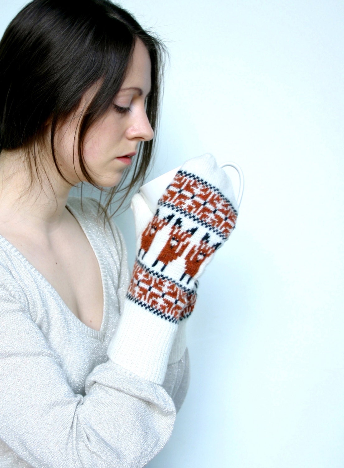 Mittens Fox Mittens in Lambswool Wool Animal Motif Mittens Knitted Mittens Brown Mittens Cream Mittens Fox Gloves Animal Gloves Fairisle