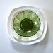 7 GREEN MOD FLOWER Glass Snack Bowls 1930s Indiana Lily Pon Sunflower Pattern Avocado or Olive Tabletop Antique Depression Floral Glassware