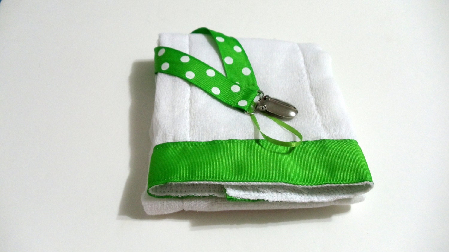 Green White Dots Grosgrain Ribbon Burp Cloth and Pacifier Clip Holder