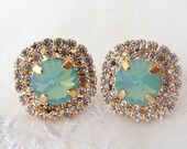 Bridal stud earrings, Mint opal and clear crystal rhinstones stud earrings, Bridesmaids jewelry, Swarovski large stud earrings