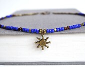 Sun Charm Necklace, Blue and Brown Beach Beaded La Sol Necklace, Wood and Cobalt Blue Bead Necklace