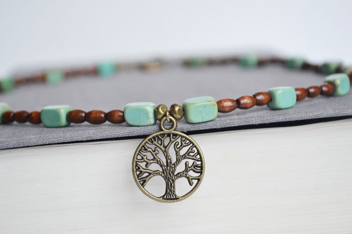 Tree of Life Wood Necklace,Tree of Life Turquoise and Wood Necklace, Hippie Tree Nature Charm Jewelry, Green Brown Blue Jewelry