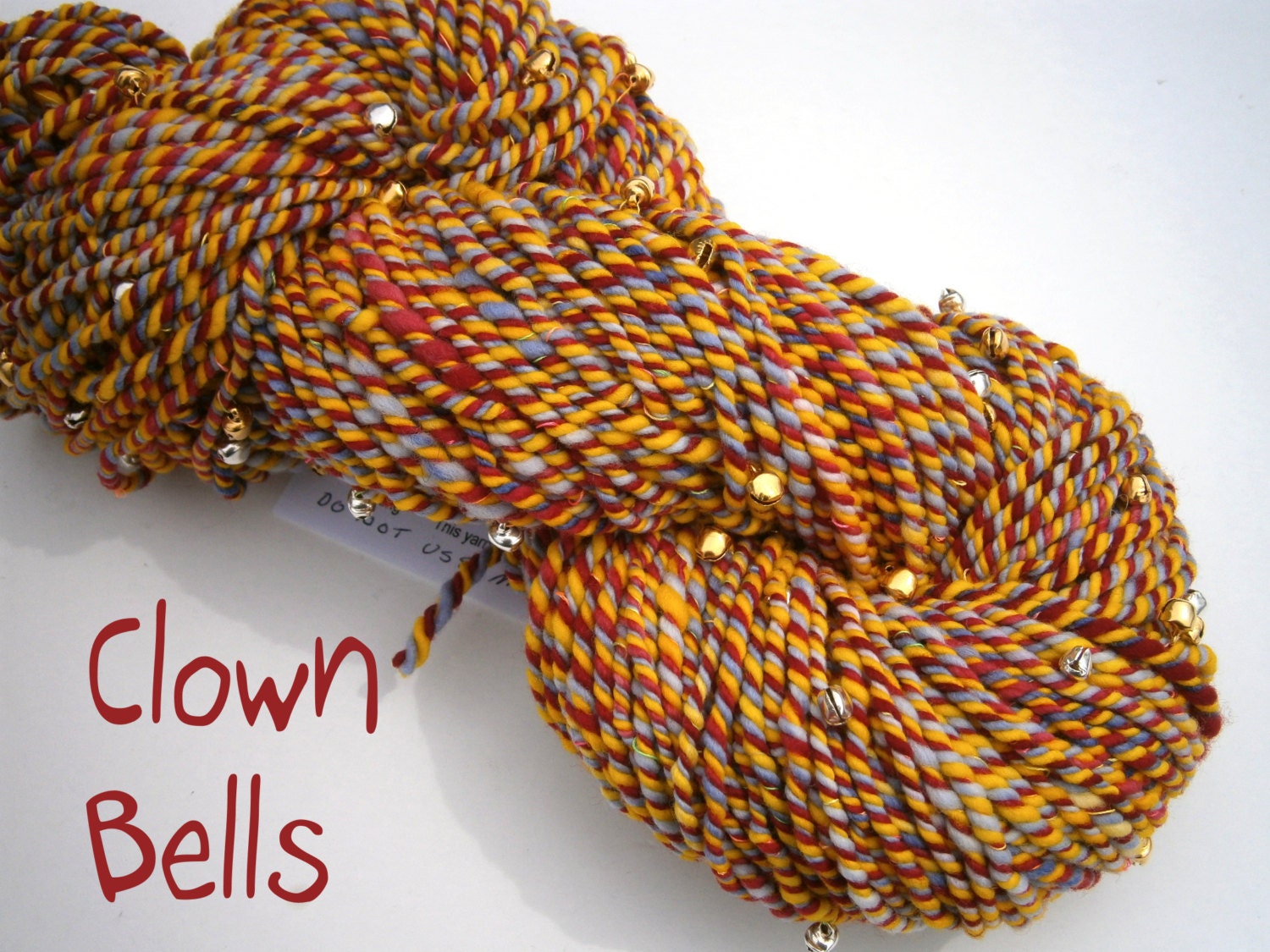 Handspun Yarn - Merino Wool & Bells - 3 Ply - Aran Weight - Clown Bells - Item 2013.057