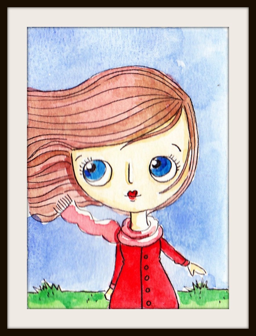 Watercolour Aceo Girl Art Windy Day