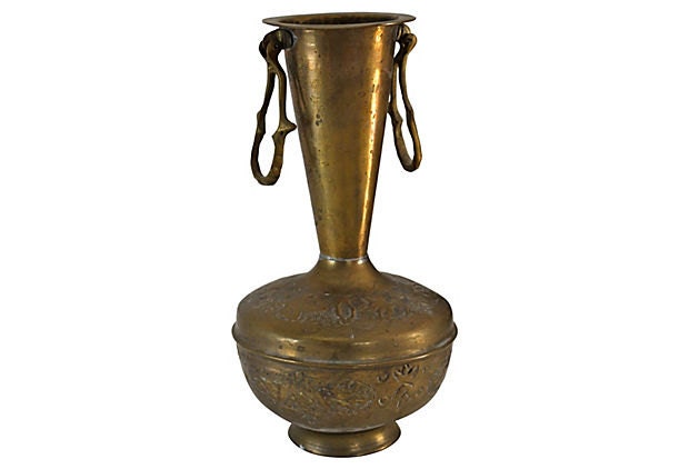 Vintage Etched Brass Indian Vase with Handles