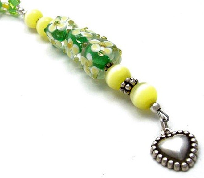 Heart Purse Jewelry Beaded Key Chain Yellow Green Sterling Silver Heart Floral Bag Charm Women Handmade Gift Valentines Day Jewelry By SS