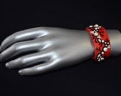SALE- Simply Pearls XS  Bead Embroidery Red Sheepskin Bracelet -bead embroidered leather cuff bracelet