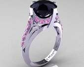 French Vintage 14K White Gold 3.0 CT Black Diamond Light Pink Sapphire Bridal Solitaire Ring Y306-14KWGLPSBD
