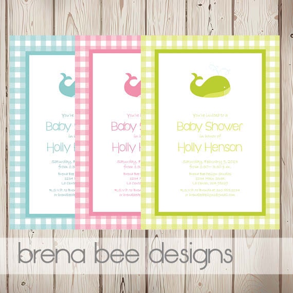 Personalized Blue, Pink OR Green Gingham Whale Invitation - Baby Shower or Birthday Printable Digital Invitation