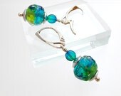 Blue Green Leverback Earrings Lampwork Glass Beads