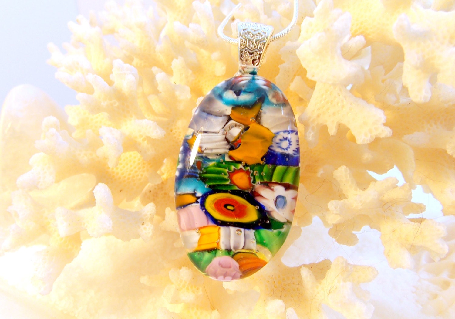 Oval Fused Glass Necklace Multicolor Millifiori Murrini