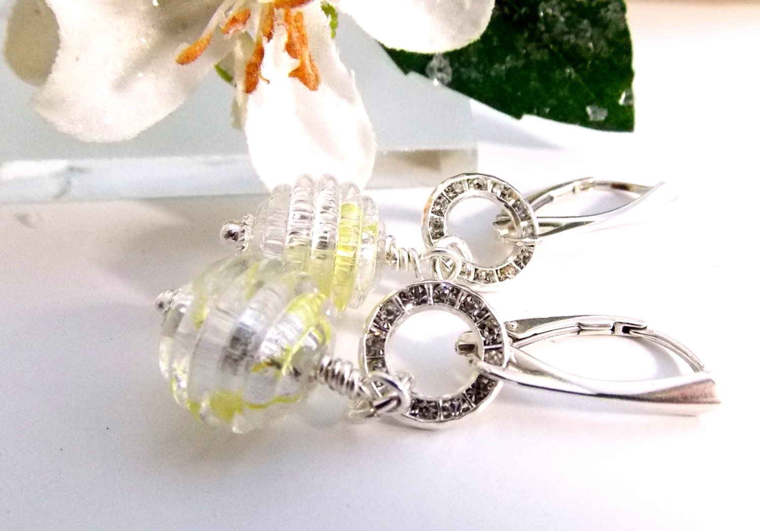 Crystal Silver Lampwork Bead Dangle Earrings Evening Wedding Prom