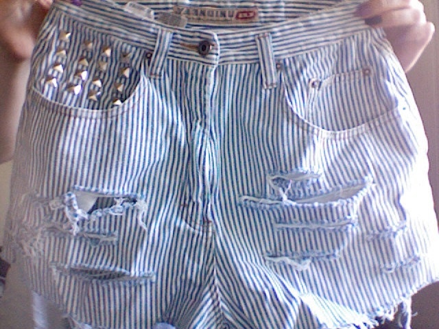 Pastel Baby blue STRIPED Sailor Grunge Frayed Studded High Waist shorts