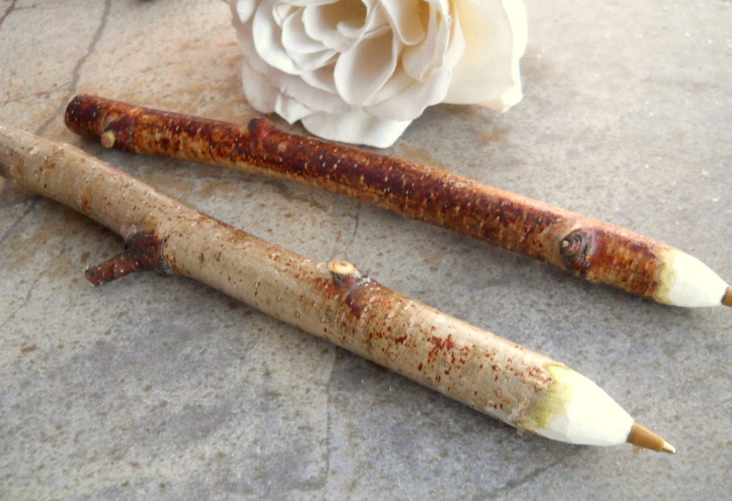 2 Rustic White Birch Wood Twig Pens - For Woodland Weddings, Wedding Guestbooks, Outdoor Weddings, Bridal and Baby Showers