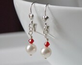 Red Wedding Jewellery - Swarovski Bridesmaid Earrings with Siam Crystals and White Pearls