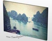 Canvas Gallery Wrap 16x20 travel photography Halong Bay Vietnam blue grey sky sea ocean turquoise green boats art print