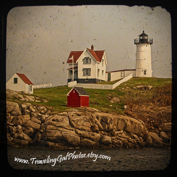 Travel photography Nubble Light York Beach lighthouse Maine blue sky green grass red white sea landscape 8x8 fine art photo TTV