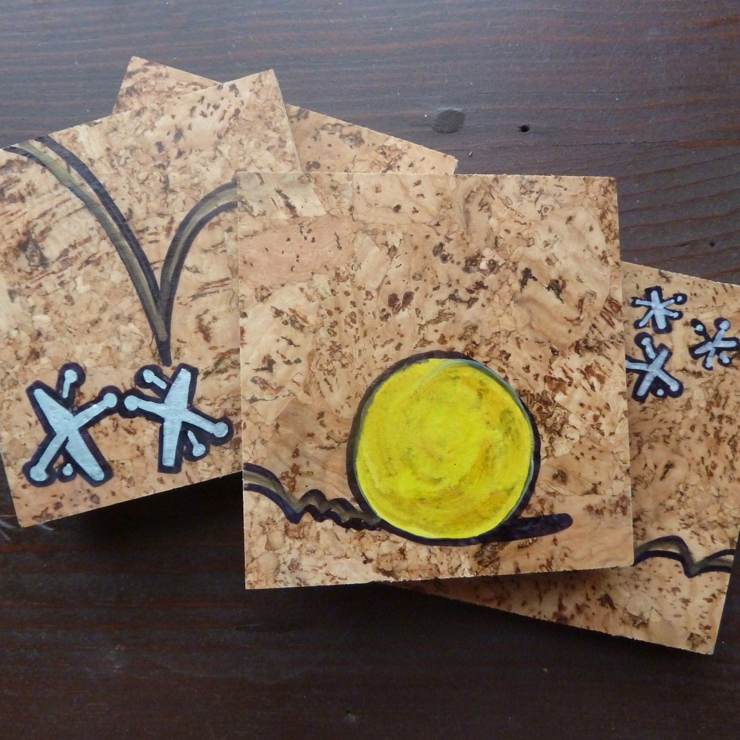 Hand Painted Cork Coaster Set - Bouncy Ball and Jacks in Yellow and Silver (ooak)
