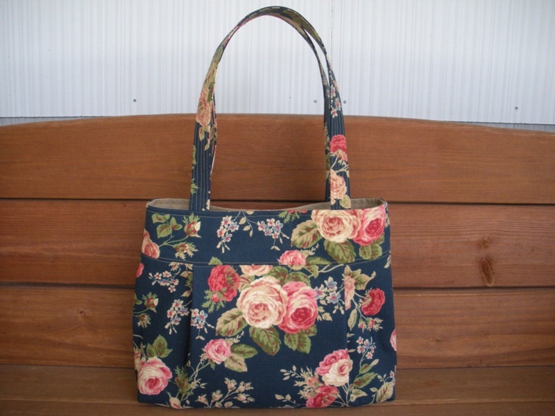 Fabric Handbag Purse Tote Bag Diaper Bag in Navy Blue with Pink Roses Print / Ready to ship