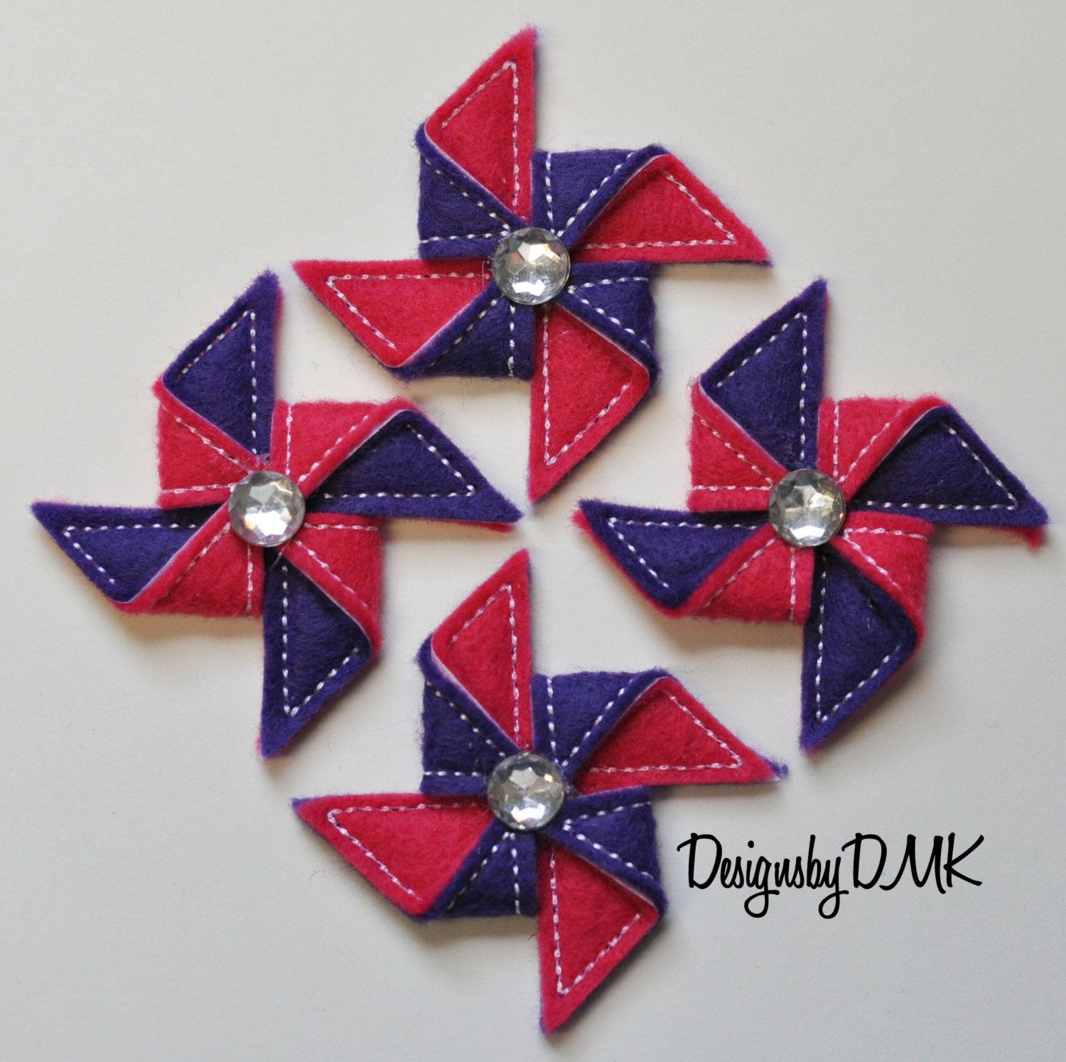 Whirly Pinwheels on Dark Purple & Dark Pink Felt Embroidered Embellishment Clippie Cover SET of 4