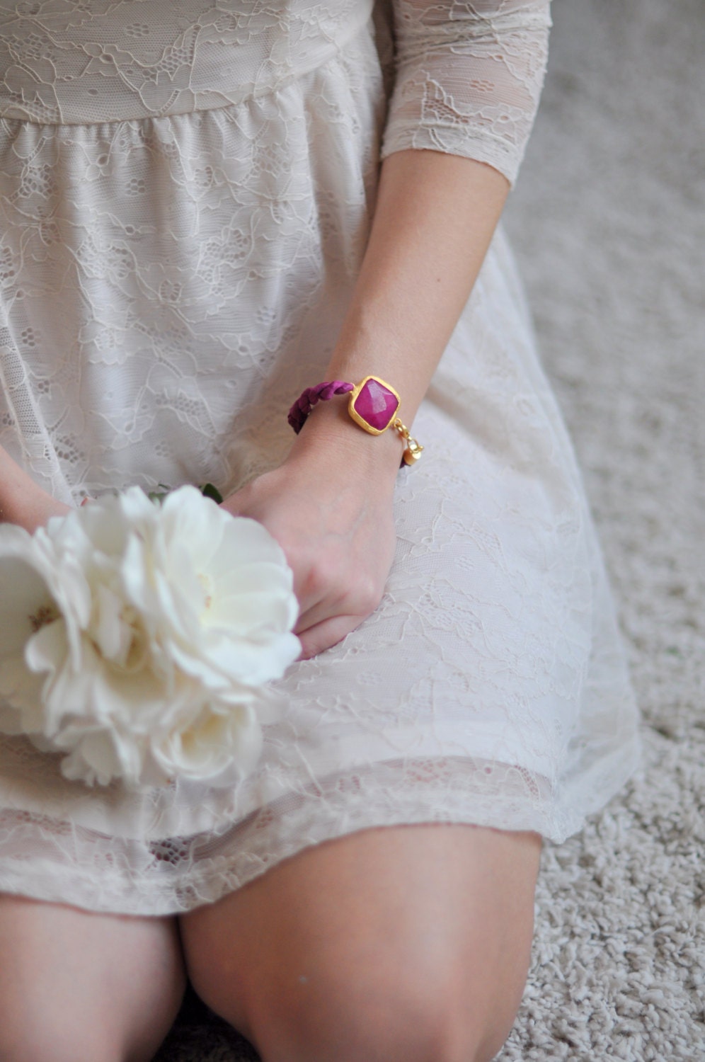 SPRING jewelry light large stone gemstone handmade bracelet gold bright   fuchsia  pink natural silk israel jewelry