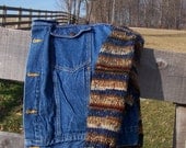 Denim Jacket ON SALE Sweater Sleeves Women's Plus Size Yarn in Country Colors of Denim Blue, Brown and Beige