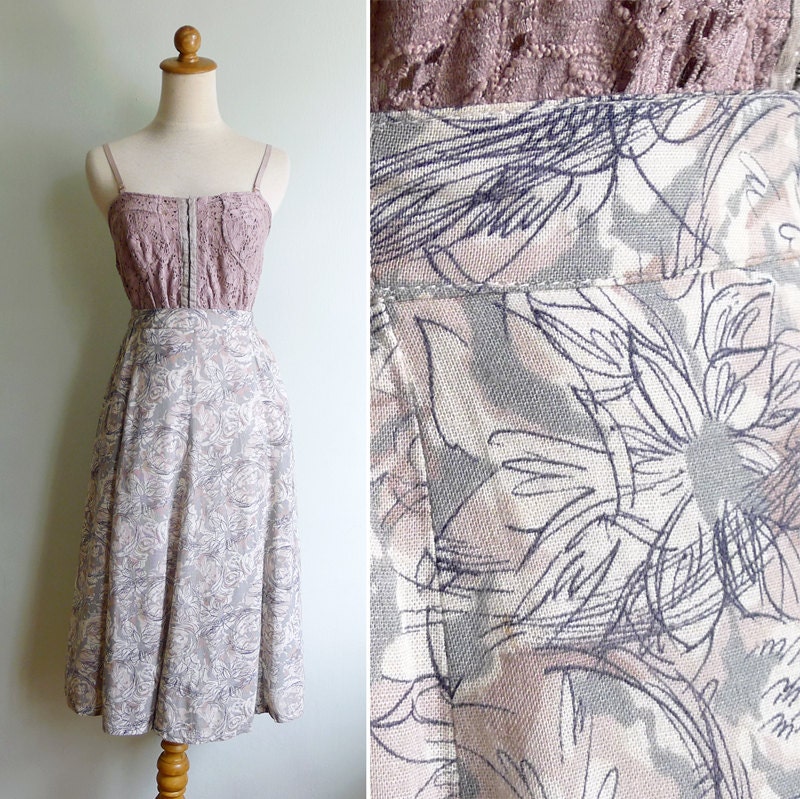 Vintage 80's Cotton Linen Pale Green Floral Skirt S M or L