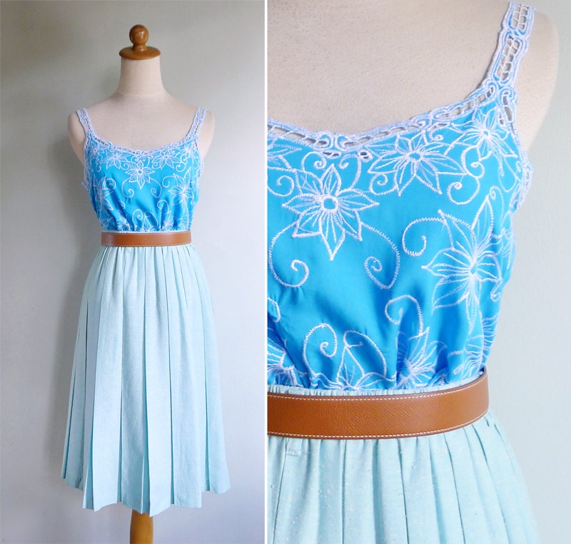 Vintage 80's Eyelet Bali Cutwork Blue Tank Top XS or S