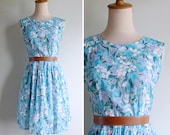 Vintage 80's Floral Blue Cotton Summer Sun Dress XS or S