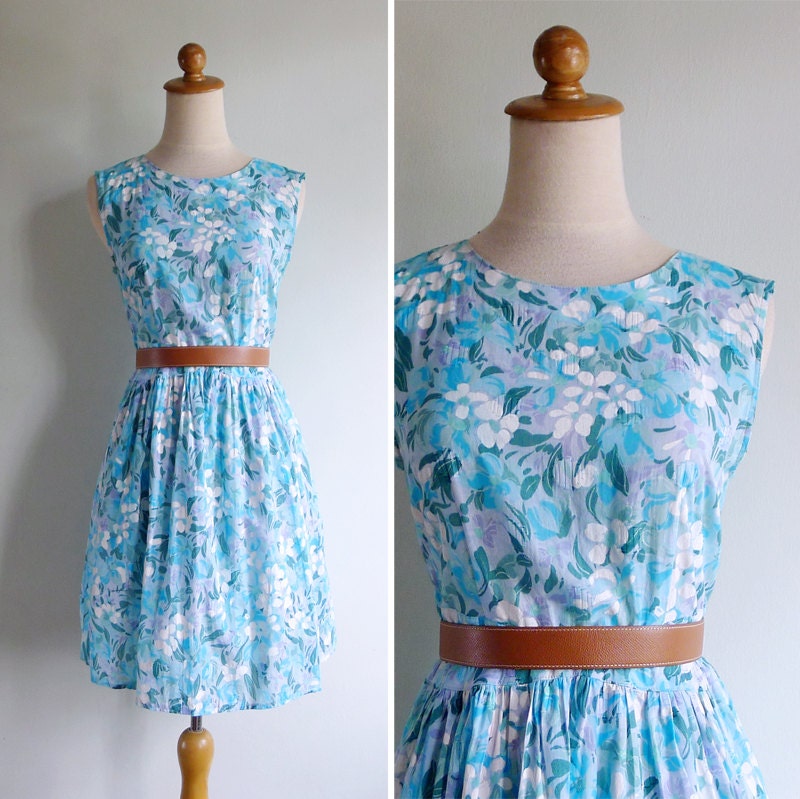 Vintage 80's Floral Blue Cotton Summer Sun Dress XS or S