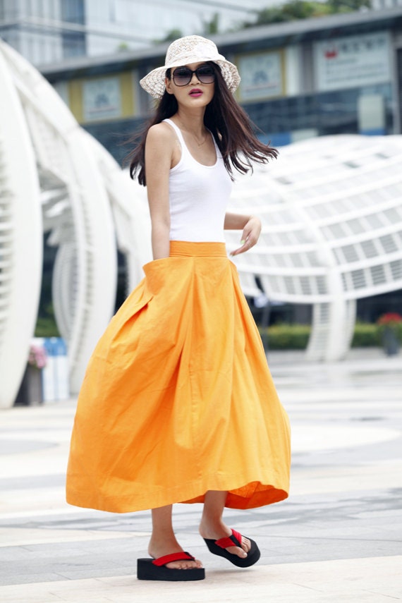 Lagenlook Maxi Skirt Big Pockets Big Sweep Long Skirt in Golden Summer Linen Skirt - NC334